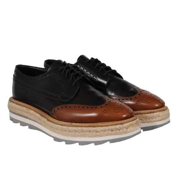 Prada Men Platform Brogue US 10 UK 9 Brown Leather Wingtip Espadrille Medallion - Picture 1 of 11